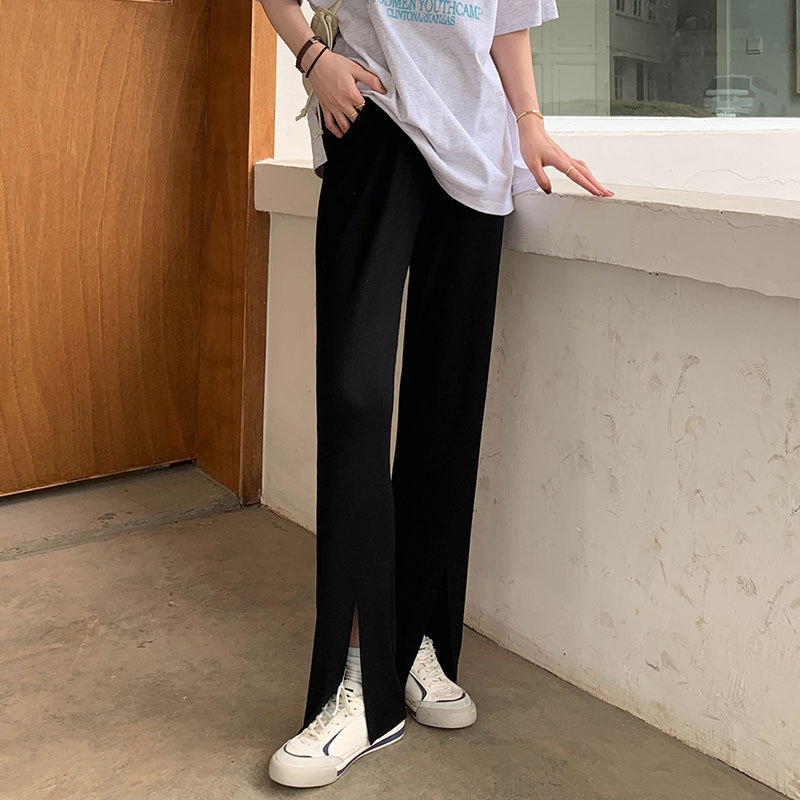 Real photo of Korean wide leg pants women's high waist drop pull floor split straight knitting pants