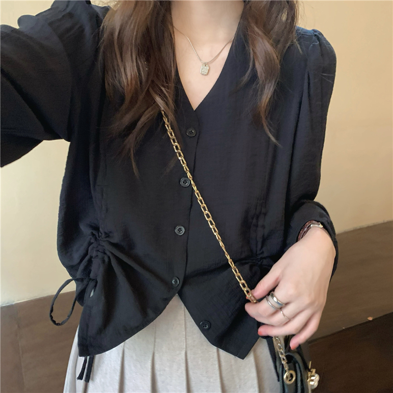 Real price! 2022 design sense niche solid color shirt women's French drawstring V-Neck long sleeve shirt