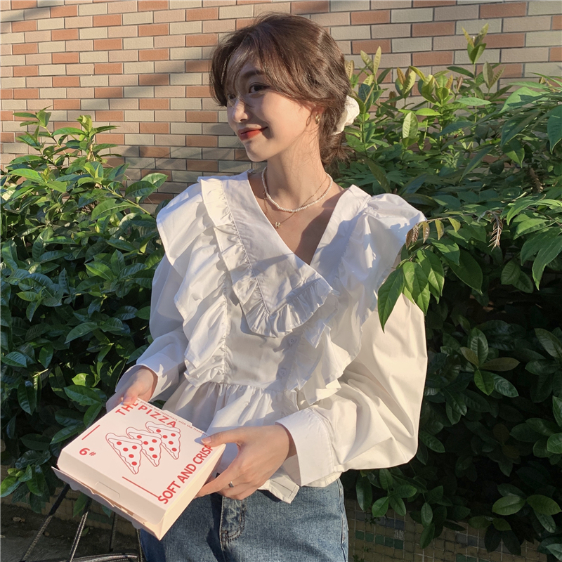 Real price! Spring retro fashion solid color short shirt women's loose lace V-Neck long sleeve shirt