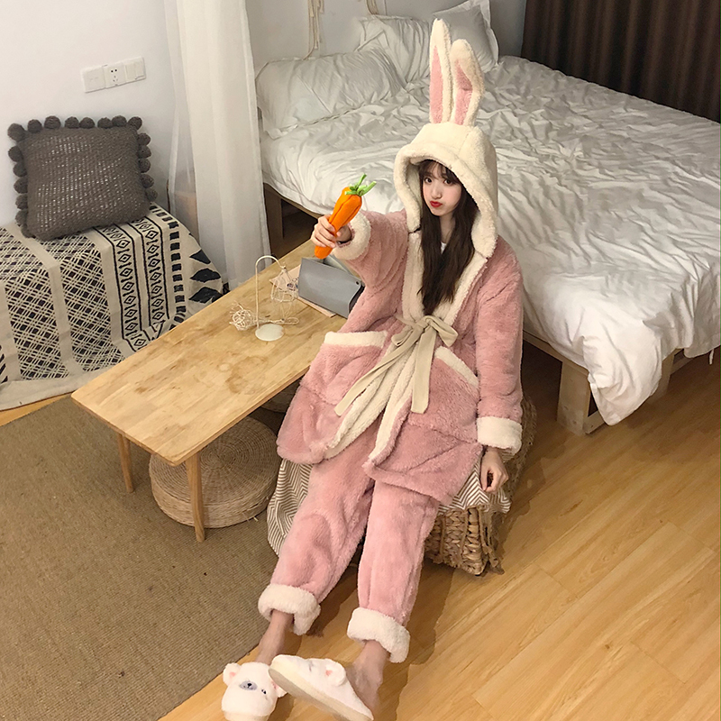 Two pieces of cute plush rabbit ear hooded pajamas