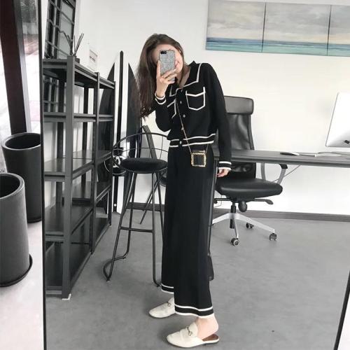 2022 spring new women's fashion leisure suit evening style knitted cardigan nine point drop feeling wide leg pants two-piece set