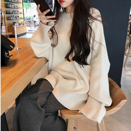 A7seven thick, loose and lazy open-forked round collar long sleeve sweater for female students knitting in autumn, winter and Korean Edition