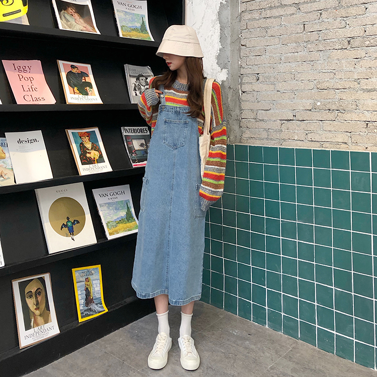 Real-price Korean Fengchic casual loose and slim jeans strap skirt dress and long skirt