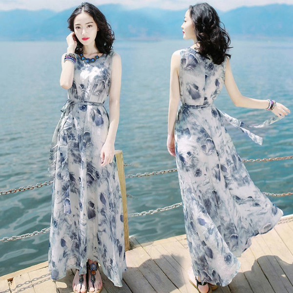 Bohemian dress women's summer long skirt seaside holiday super fairy sleeveless Chiffon beach skirt