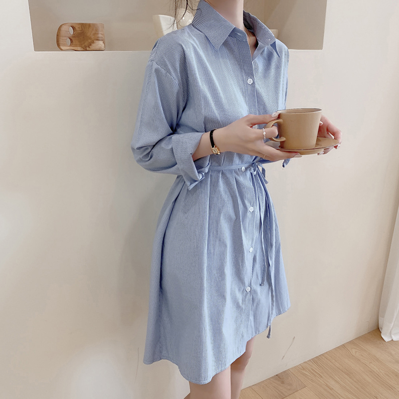 2022 Korean minority medium and long style with thin waist, lace up stripe temperament shirt dress, women's spring and autumn new style