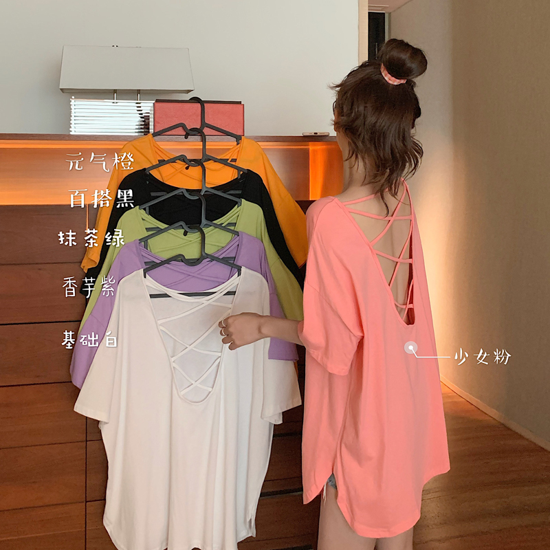 2022 new summer school style backless medium and long sexy design t-shirt women
