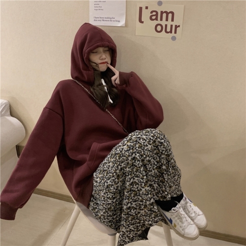 Real photo real price super fire CEC long sleeve loose hood lazy Plush sweater + retro floral skirt
