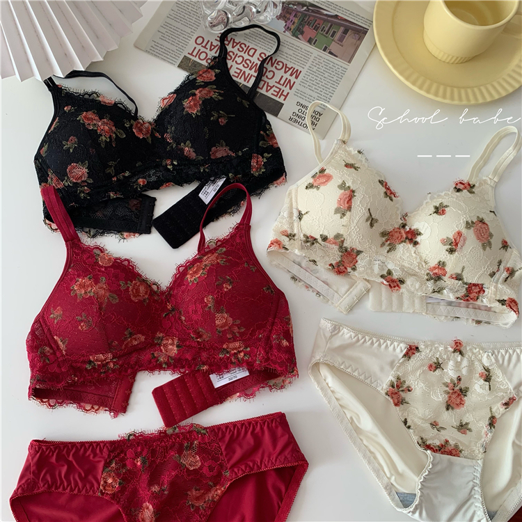Real price and real shooting gathered underwear retro oil painting rose non steel ring adjustable girl sexy bra