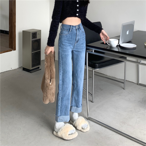Real shooting and real price ~ 2022 new high waist slim and thin rolled straight tube denim wide leg pants