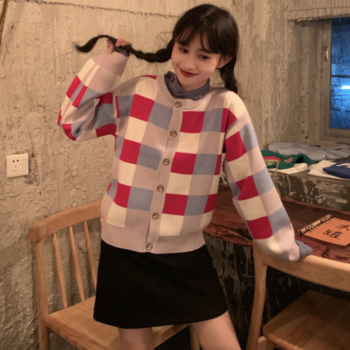 Actual Autumn and Winter Ocean Temperament Colored Chequered Girl Knitted Sweater Overcoat