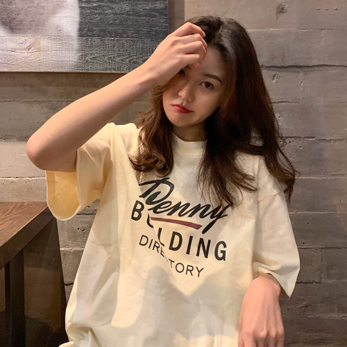 Real shooting pure cotton summer Korean version new medium and long T-shirt women's loose net red super fire letter printing short sleeve student