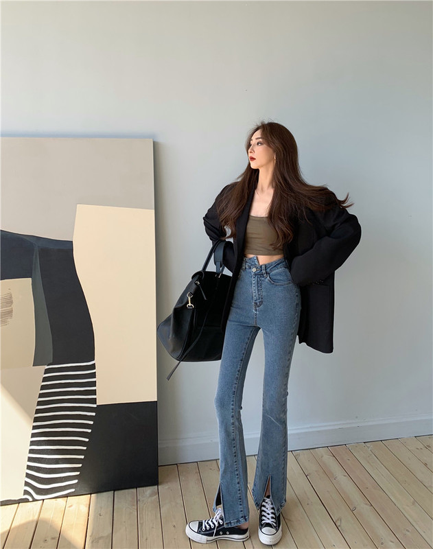 Real price big long legs show thin leisure split high waist denim pants
