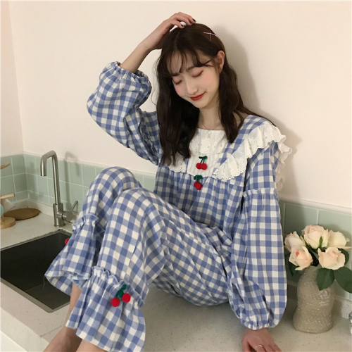 Real Price ~Korean Edition Sweet and Lovely Chequered Princess's Home Dresses and Nightwear Suit