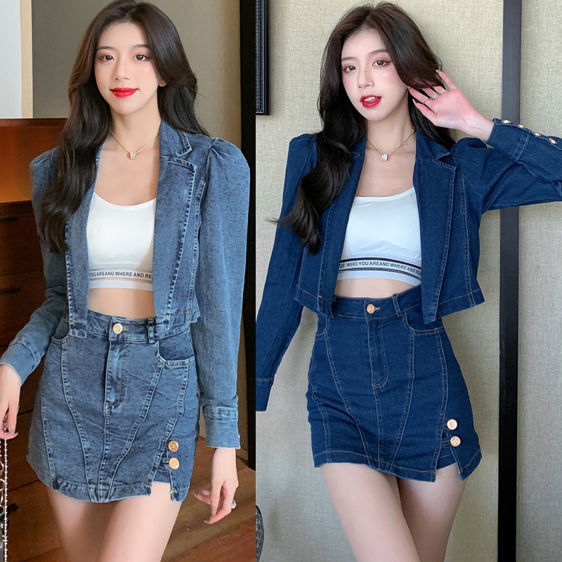 Hong Kong style retro suit women's small design sense long sleeve cowboy coat skirt two-piece set