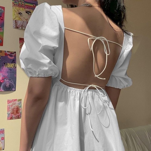 Summer French Square Neck Lace Up backless dress women's sexy slim A-line dress