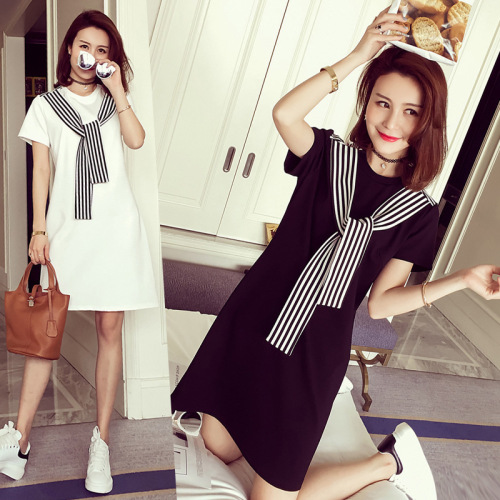 Short Sleeve Stripe Hai Soul Feng Fat MM Loose Dress Spot Trend in Korean Summer Dress of 2018