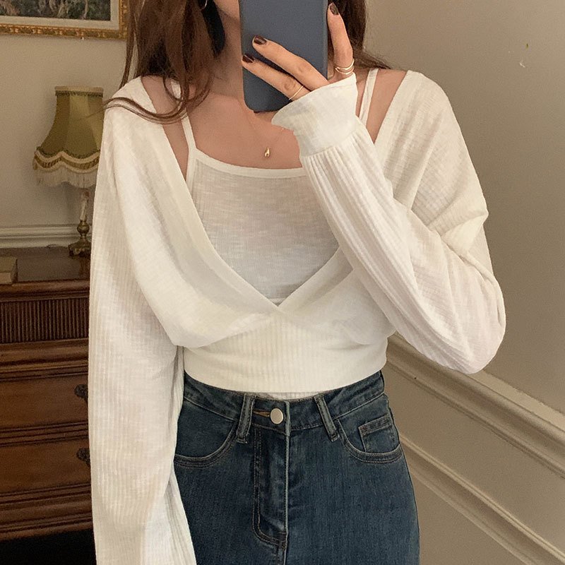 Real shot spring new knitted collar long sleeve blouse suspender base coat suit