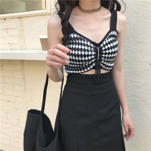 Real price real shot suspender vest women's short summer wear show thin inside with drawstring net red collar knitting
