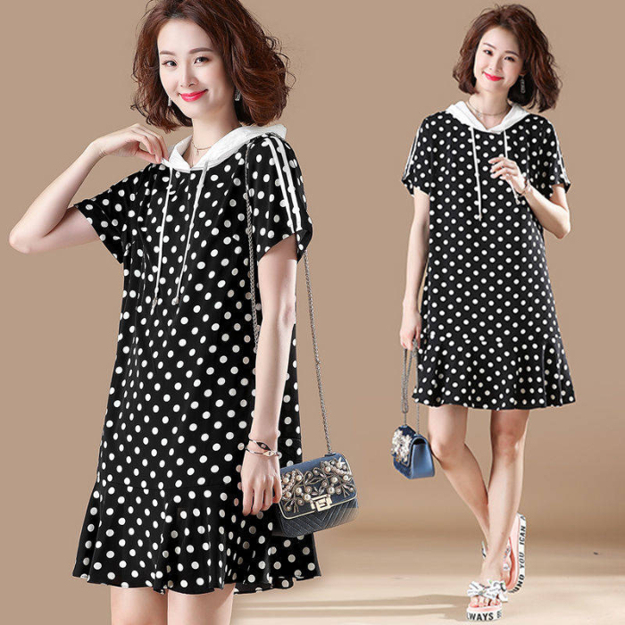 2022 new summer Vintage wave point skirt loose and thin large medium and long hooded dress short sleeve 200kg