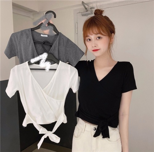 Real price pure cotton collar short sleeve shirt women's short bandage design is fashionable