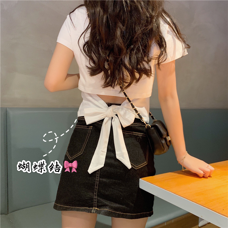 Real photo of pure cotton 2020 careful machine summer short sleeve sexy open back bow leaky back women's T-shirt