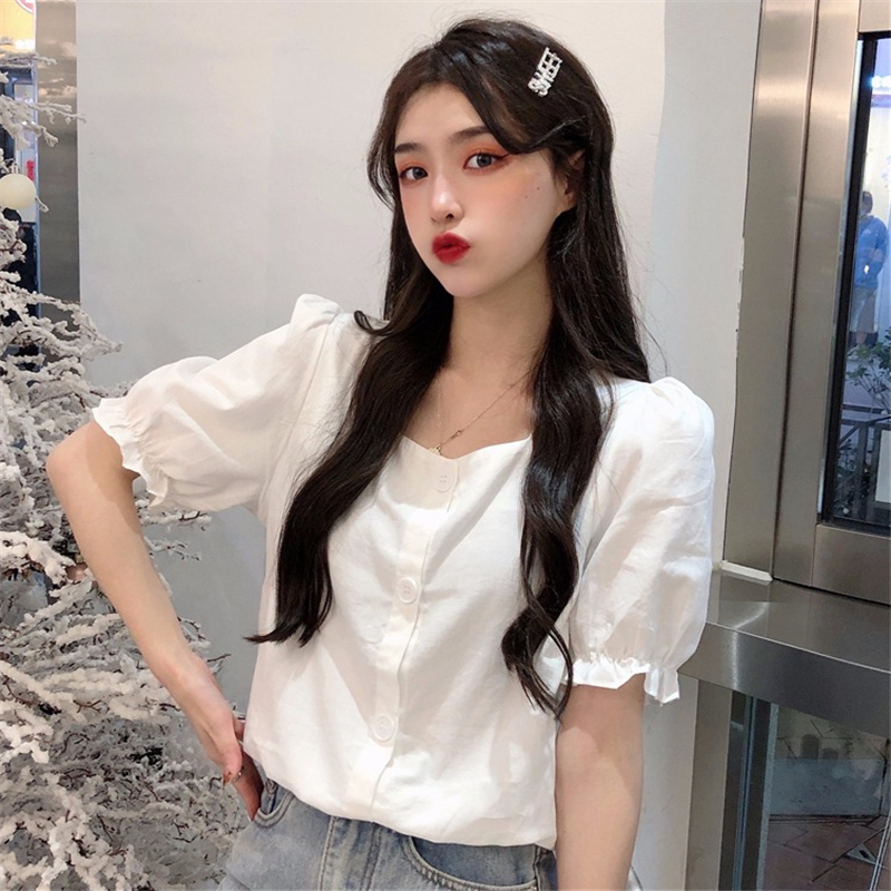 Real price 100% fiber French bubble sleeve square neck niche design short shirt