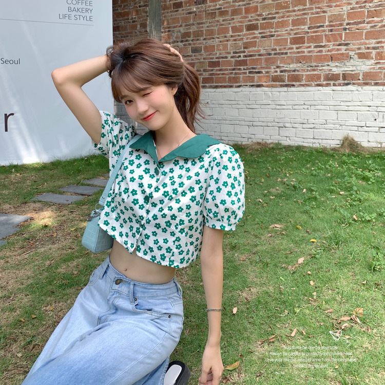 Real shooting baby collar bubble sleeve short top women's summer floral short sleeve design shirt