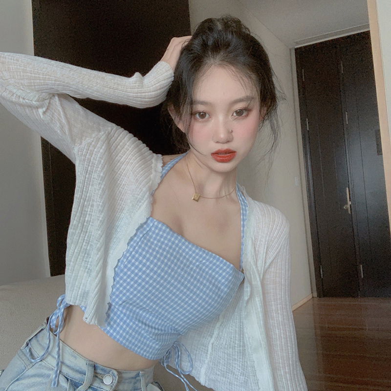 Real price spring sweet and playful lattice Strapless drawstring vest chest wrapped knitted small coat outer covering suit