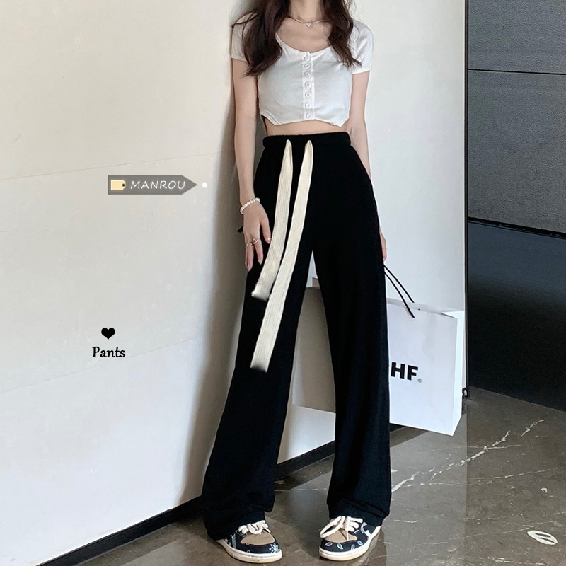 Non real shooting spring and summer drawstring sports casual pants with loose hanging feeling, walking and bending wide leg pants and floor mopping pants