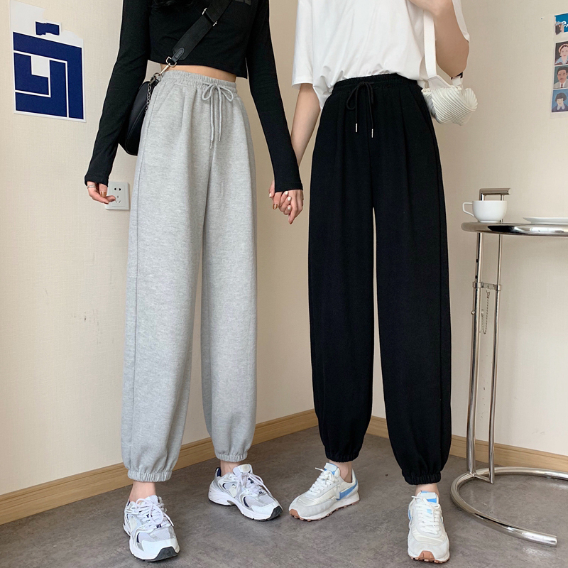 1102 ᦇ non real shot High Waist Sports tie foot big size straight tube loose radish casual pants ins fashion