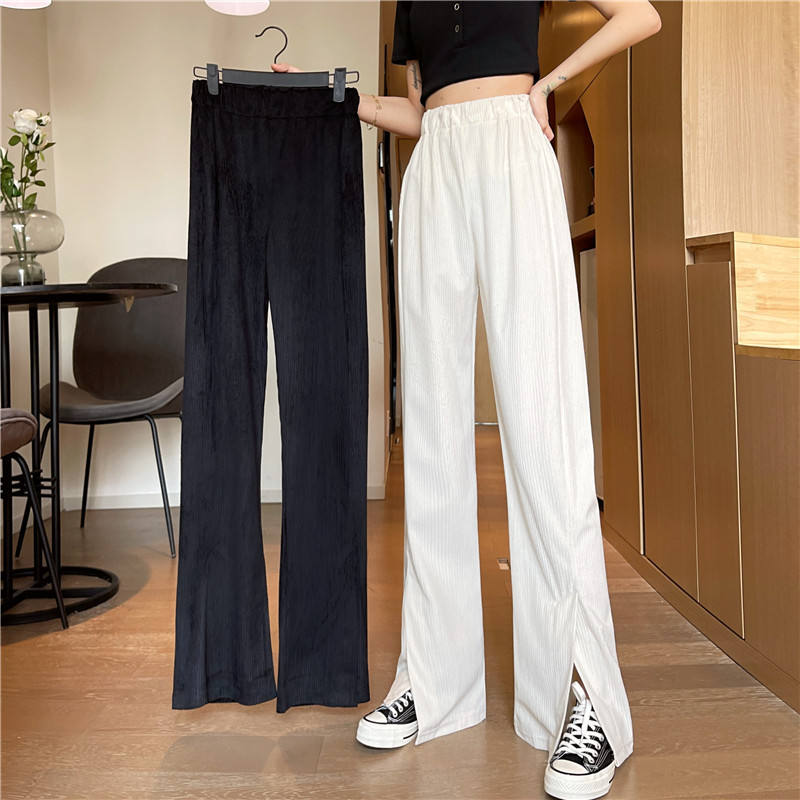 Real shot spring and autumn new style split wide leg pants high waist straight pants vertical horn wick flannel pants