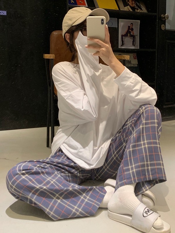 Spring large size women's clothes kg high waist thin floor mopping pants elastic waist Plaid wide leg pants students