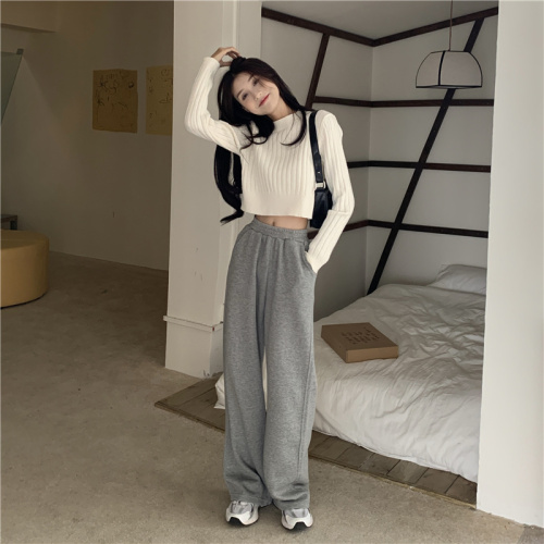 Real shot real price high waist sweatpants gray loose straight tube hanging feeling floor dragging wide leg pants + bottomed short sweater