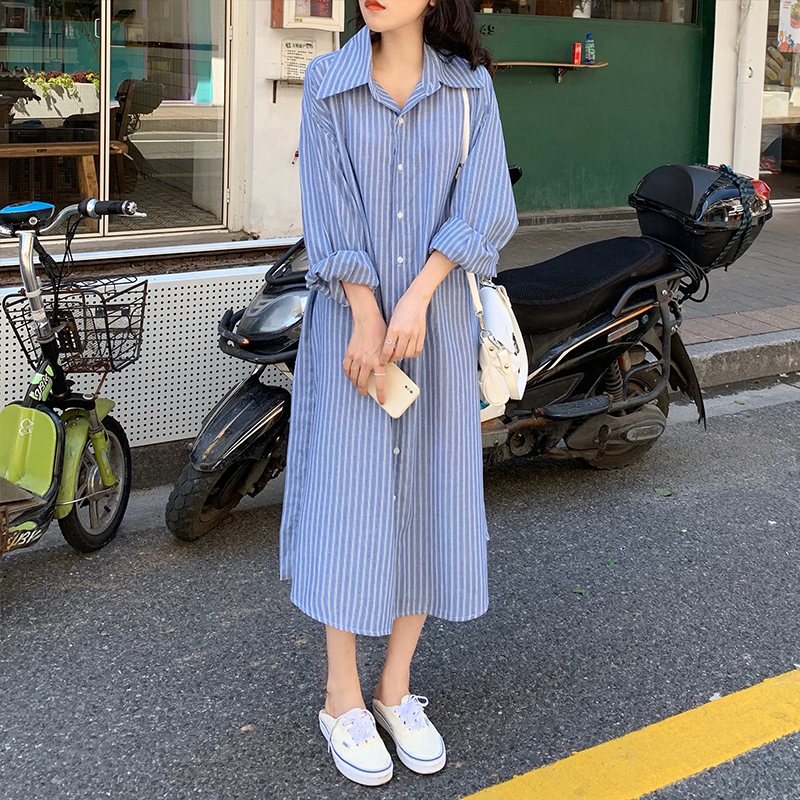 Real price ~ stripe belt two wear loose long sleeve shirt skirt