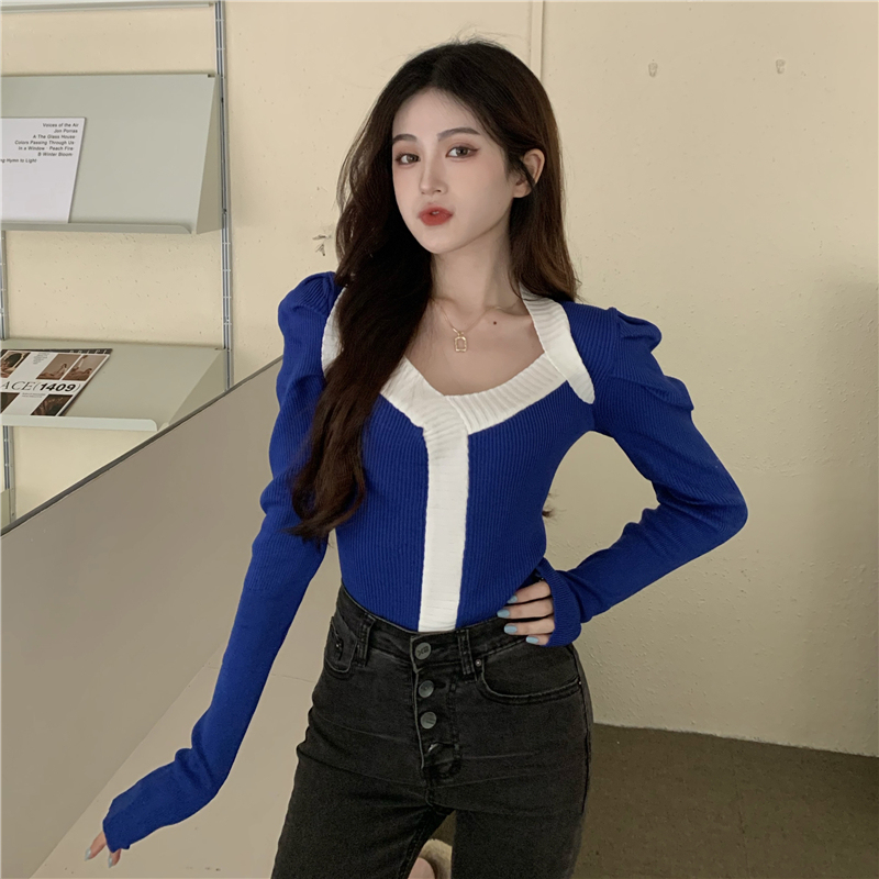 Real price spring Vintage V-neck temperament contrast color bubble sleeve sweater sweater sweater top