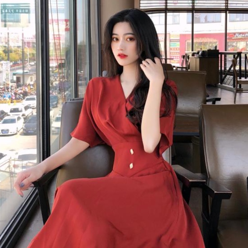 Chiffon official figure spring and summer new thin temperament close waist popular red foreign style sexy long skirt