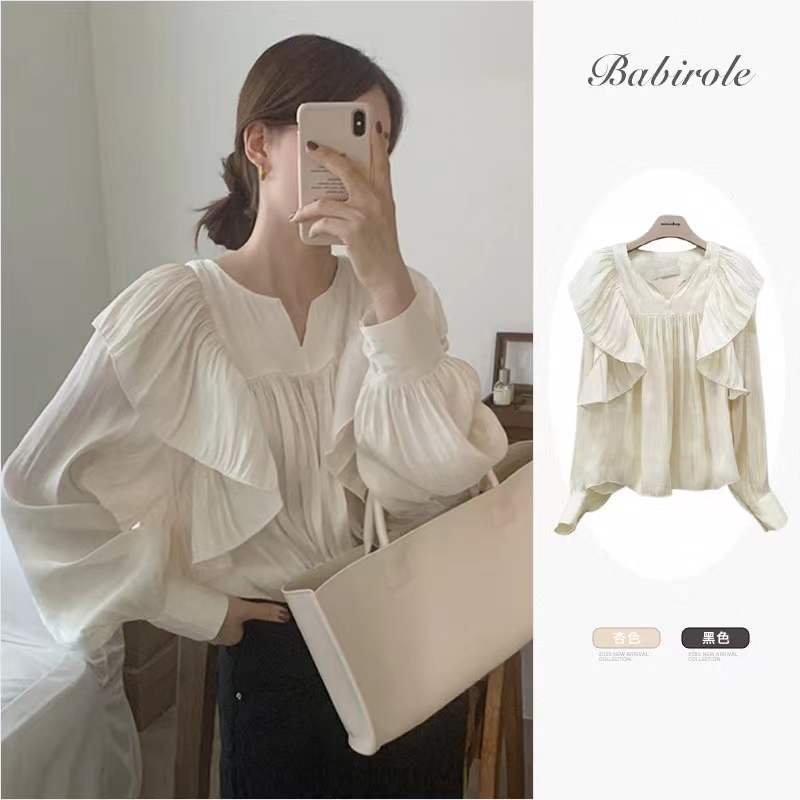 Korean chic design sense of minority temperament Ruffle pleated shirt women's spring new super fairy bubble sleeve top
