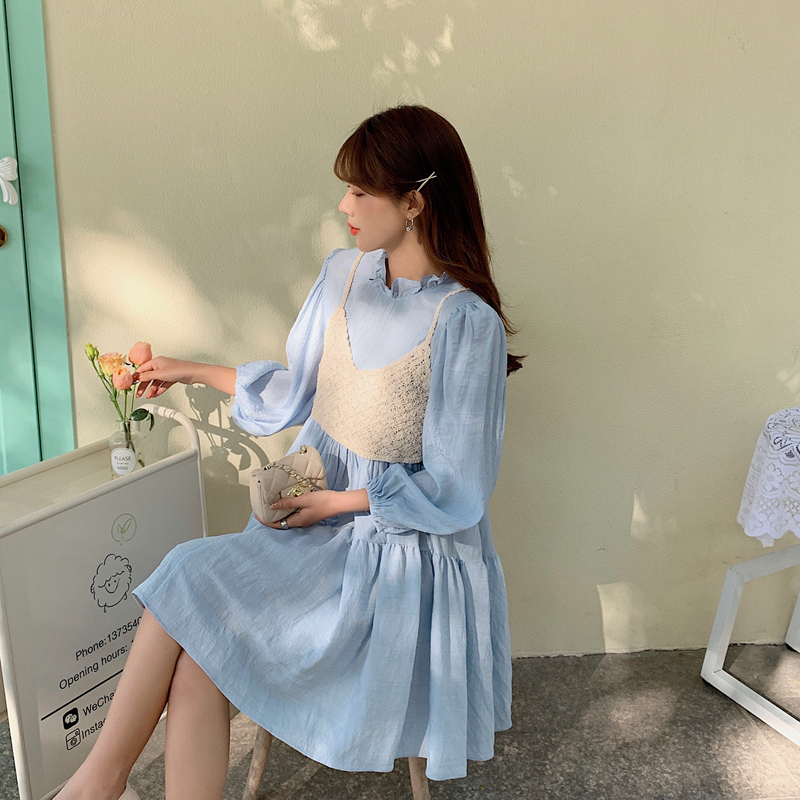 Real photo 2021 spring Korean women's dress small fresh pure color long sleeve loose and thin dress with Auricularia edge
