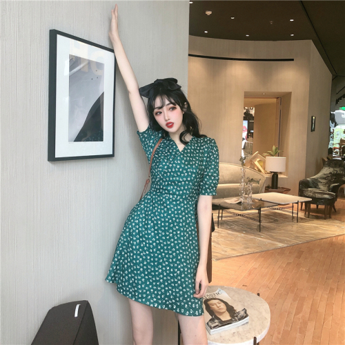 There is a small video of French style retro V-neck floral skirt wrap lace up dress in summer
