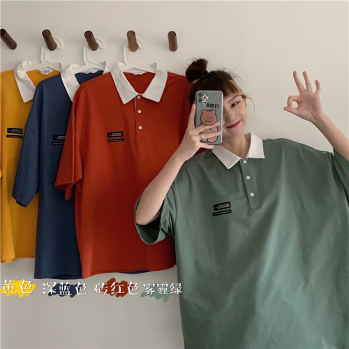 Live shooting small video Lapel short sleeve T-shirt spring and summer Korean loose polo shirt Chaogang ins top
