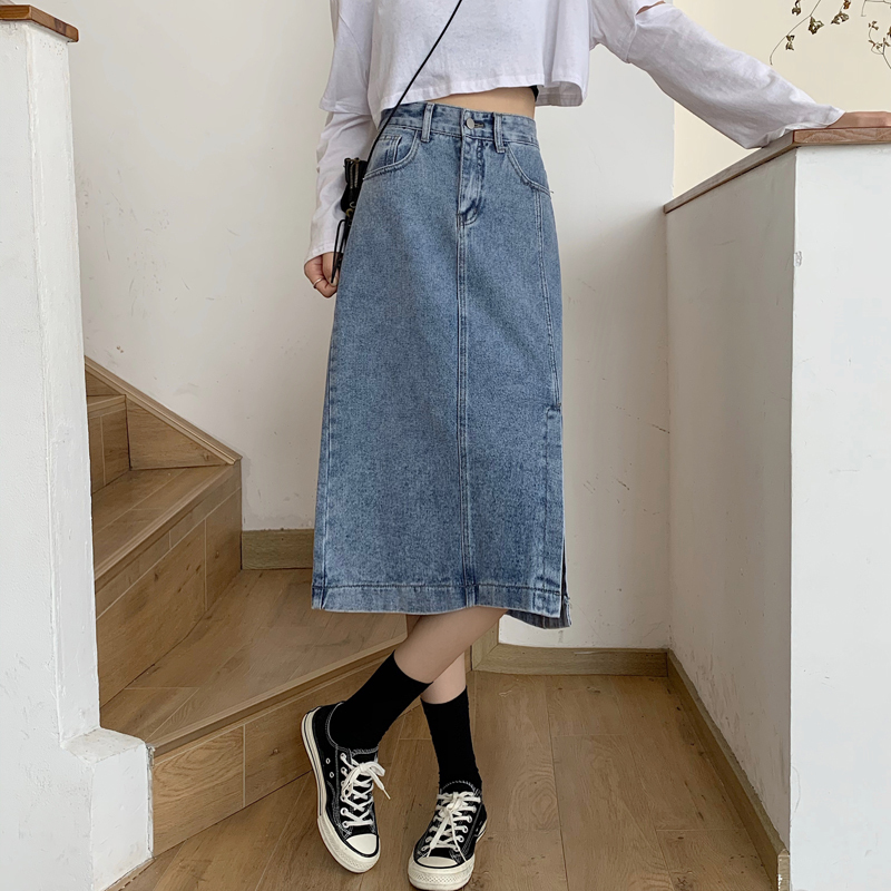 Real shot real price 2020 new Korean version chic high waist leg long mid long skirt design split denim skirt