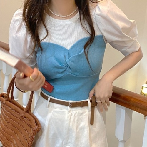 Vintage knitwear spring and summer new French bubble short sleeve splicing design sense of minority chic short top