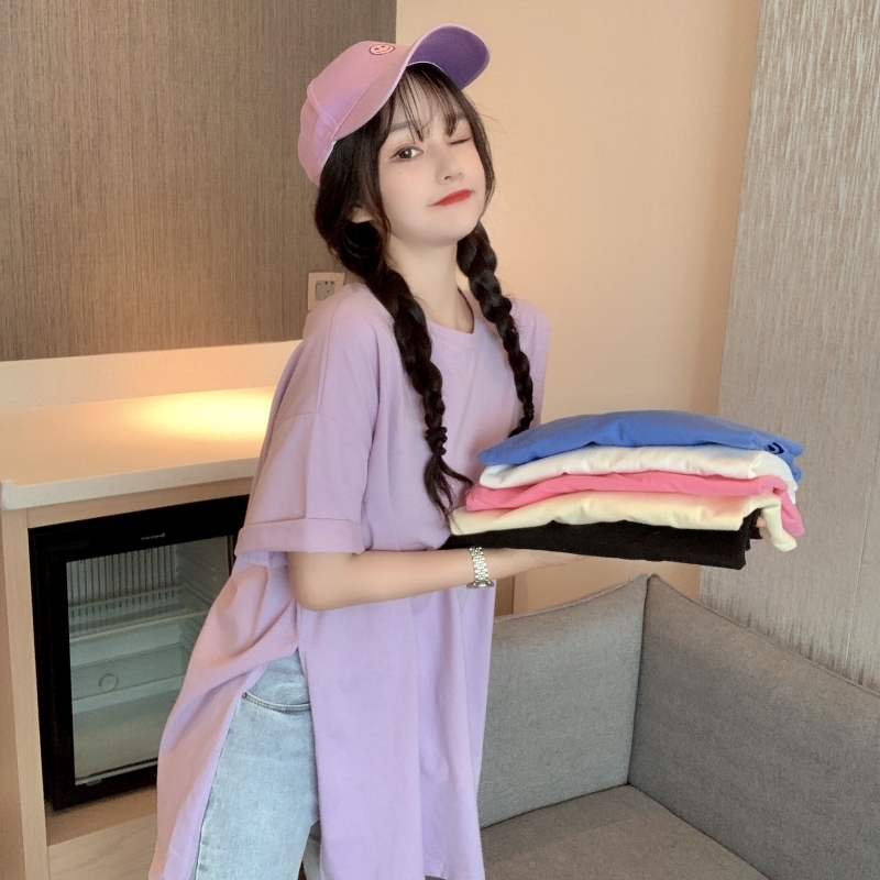 Summer real price cotton solid color short sleeve T-shirt women's medium and long net red split top