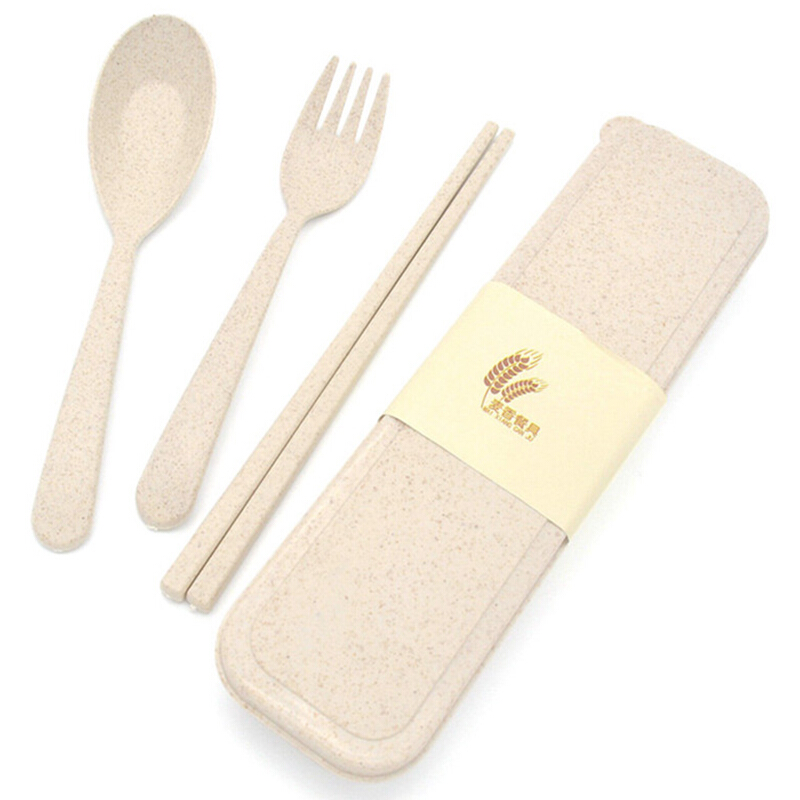 Xinqin creative travel spoon chopsticks fork wheat straw box children's lovely student portable tableware three piece set beioumi