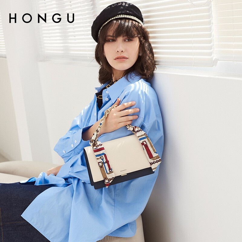 Honggu women's bag leisure fashion chain bag contrast color single shoulder bag handbag versatile personalized silk scarf bag cowhide messenger bag h5132039 m white - gift box