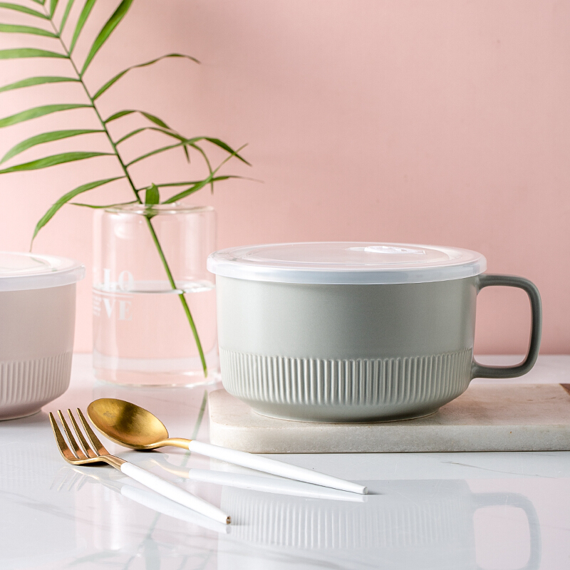 Yijia ijarl instant noodles bowl with cover Japanese student canteen bowl household soup noodles bowl rice bowl ceramic instant noodles bowl fresh-keeping bowl single bowl gray