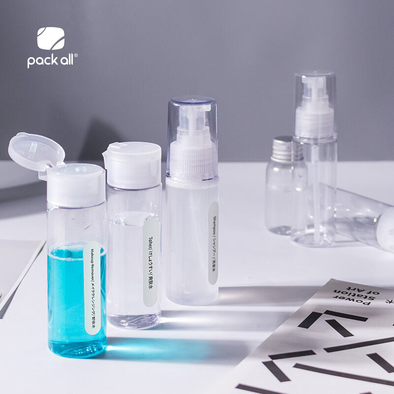 American pack all sub bottling set, cosmetics perfume spray bottle emulsion, press bottle shampoo shower bath liquid bottle, travel packed empty bottle 50ml seven piece set.