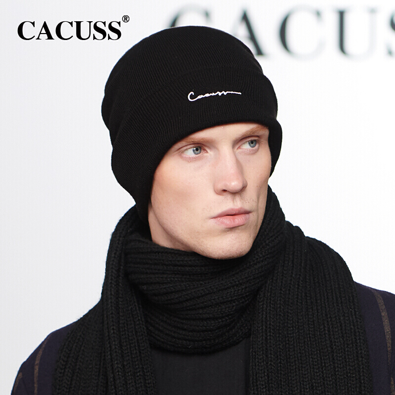 Cacuss z0339 wool hat men's autumn and winter outdoor warm pure cotton Plush double-layer knitted hat fashion leisure ear protection cover cap black and white characters