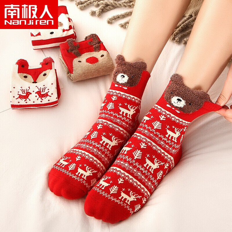 Antarctica 4 pairs of benmingnian Red Christmas stockings women's stockings children's stockings autumn and winter cotton stockings 3D cartoon cute three-dimensional ears thickened leisure medium tube stockings women's fashion average size