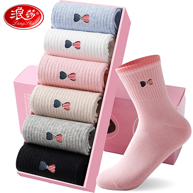 Langsha socks women's socks sweat absorbing and breathable lovely medium tube Pure Cotton autumn four seasons cotton socks ins tide 6 pairs of bows, one size